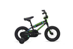 The Shredder 12 is a black and green kids’ pedal bike with thick tires and training wheels, shown in a side view.