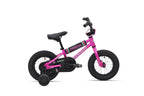 Shredder 12 kids pedal bike in pink, with training wheels, black seat and handlebars, shown on a white background.
