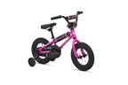 Shredder 12: small pink kids pedal bike with training wheels, black seat and handlebars on white background.