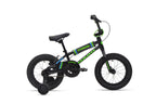 Shredder 14 kids' bike, black/green, lightweight alloy frame with training wheels, side view on white background.