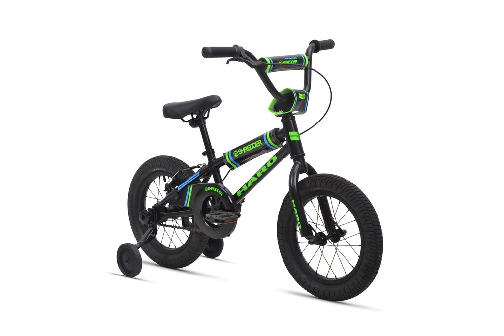 The Shredder 14 is a black and green kids' bike with a strong alloy frame and training wheels, shown from a front side angle.