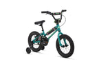 A teal Shredder 14 ST bike for girls with training wheels, black seat, low top tube, and black handlebars stands on white.