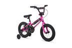 Shredder 14 ST girls' pink bike with low top tube, training wheels, black seat, and handlebars on white background.