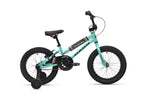 A Shredder 16 ST teal girls bike with training wheels, black seat, low top tube, and black tires is shown side view on white background.