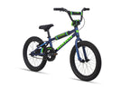 Shredder 18 kids bike in blue/green with 18" alloy wheels, black tires, training wheels & padded handlebars on white background.