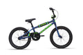 Shredder 18 kids bike, blue/green, 18" alloy rims, black tires, pedals, seat & handlebar. Side view on white background.