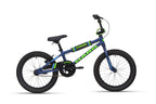 Shredder 18 kids bike, blue/green, 18" alloy rims, black tires, pedals, seat & handlebar. Side view on white background.
