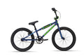 Blue and green Shredder 20 BMX bike with 20" wheels, black tires, alloy frame, upright handlebars; side view on white.