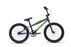 Blue and green Shredder 20 BMX bike with 20" wheels, black tires, alloy frame, upright handlebars; side view on white.